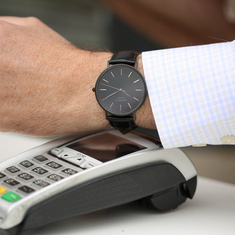 Contactless Payment Watch - Men's Minimalist + Jet Black Strap + Modern Font Engraving - Wear We Met