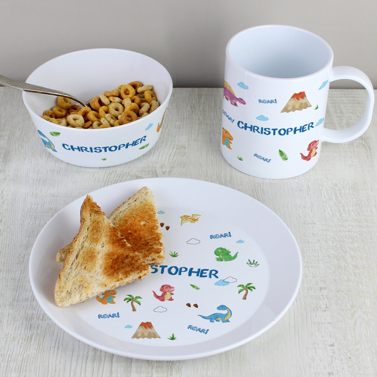 Personalised Dinosaur Plastic Breakfast Set - Tableware at Gift Moments