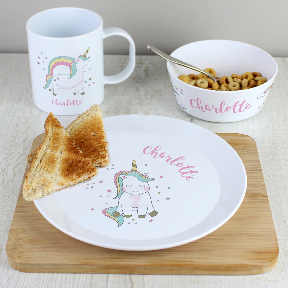 Personalised Unicorn Plastic Breakfast Set - Tableware at Gift Moments