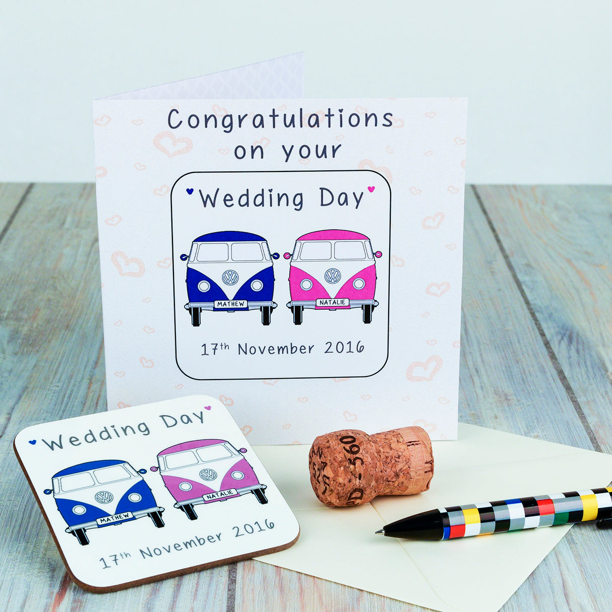 Personalised Wedding Camper Vans Coaster Card: 1 - Greeting Cards By Gift Moments