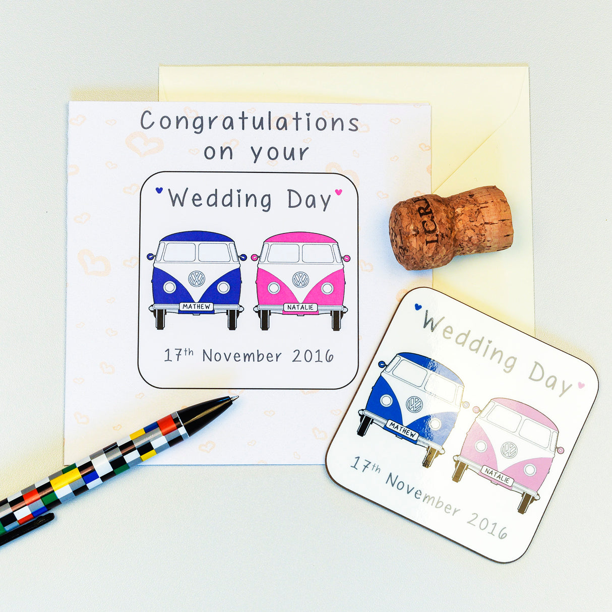 Personalised Wedding Camper Vans Coaster Card: 4 - Greeting Cards By Gift Moments