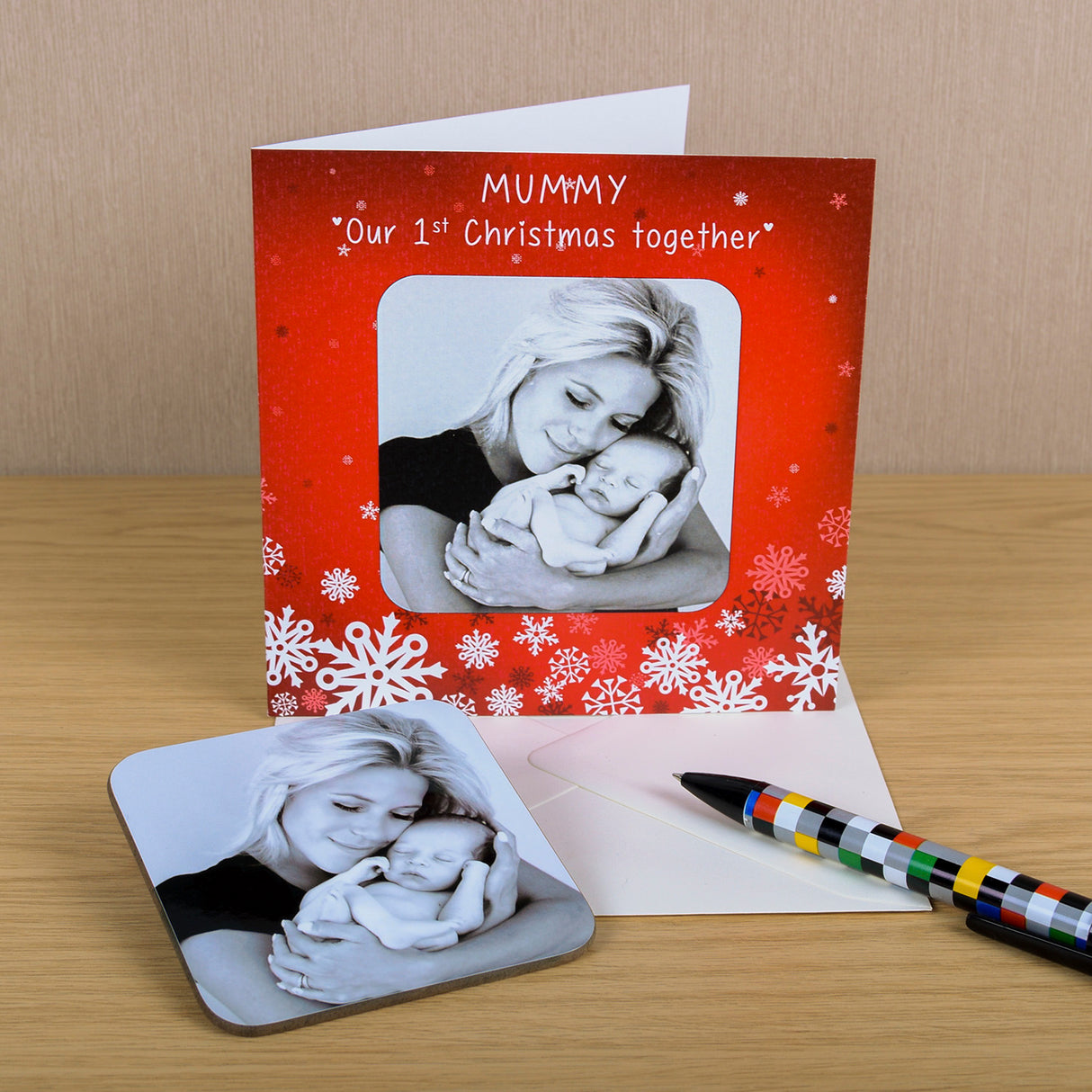 Personalised Our 1st Christmas Red Photo Coaster Card - Greeting Cards at Gift Moments