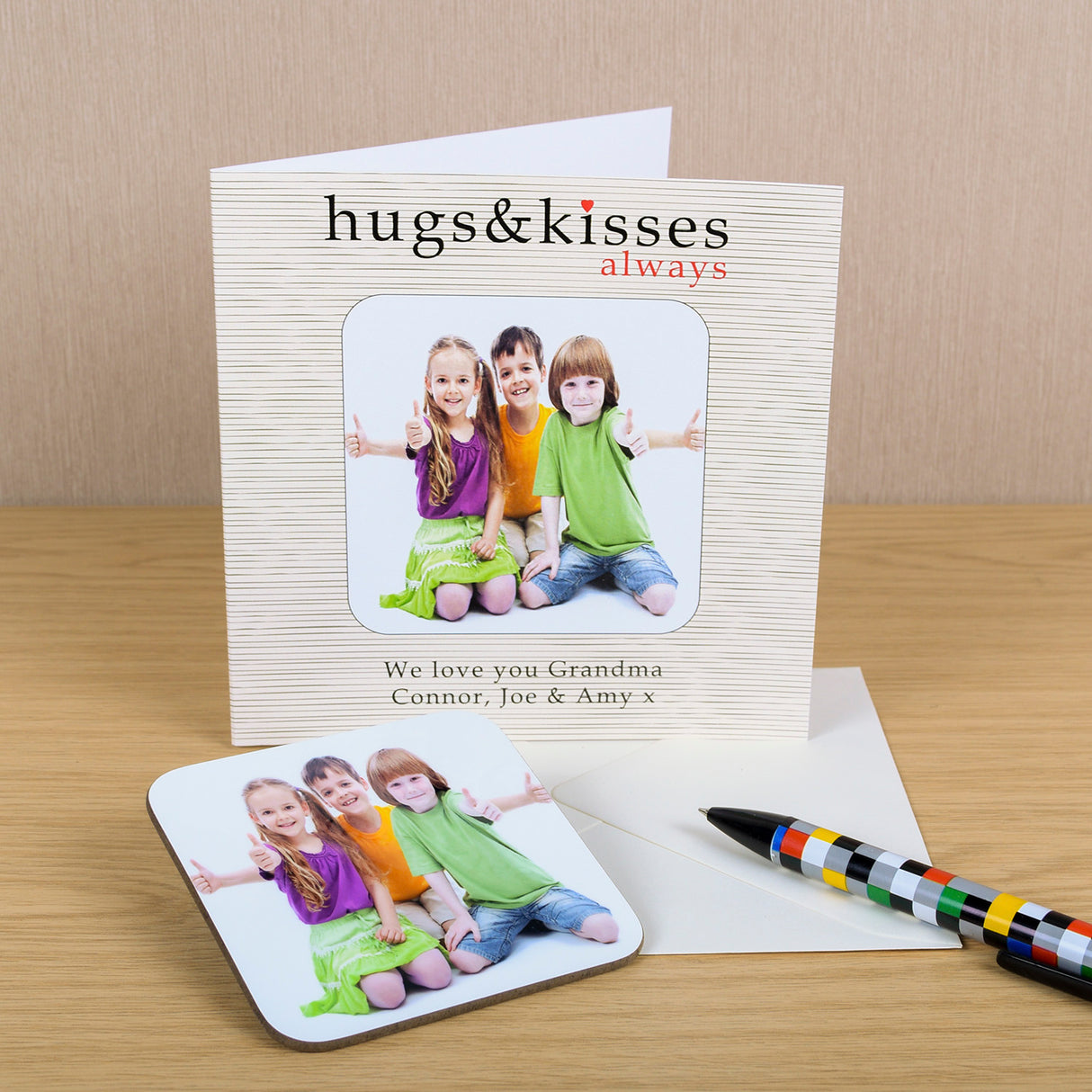 Personalised Hugs & Kisses Photo Coaster Card - Greeting Cards at Gift Moments