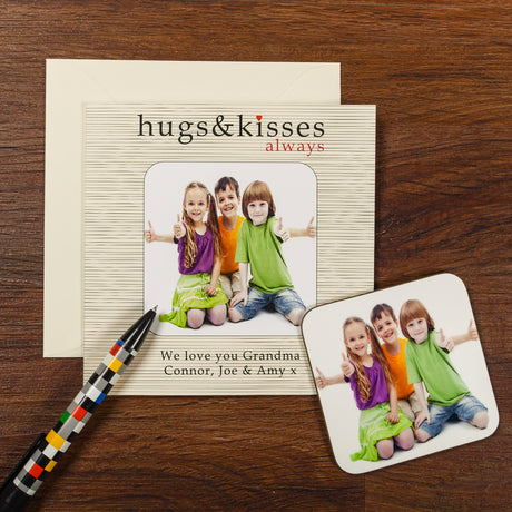 Personalised Hugs & Kisses Photo Coaster Card - Greeting Cards at Gift Moments