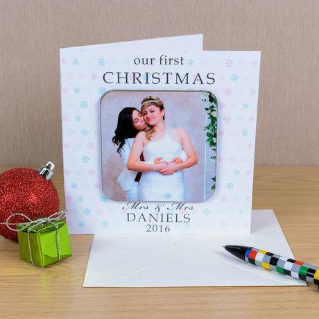 Personalised First Christmas Couples Photo Coaster Card Mrs & Mrs - Greeting Cards at Gift Moments