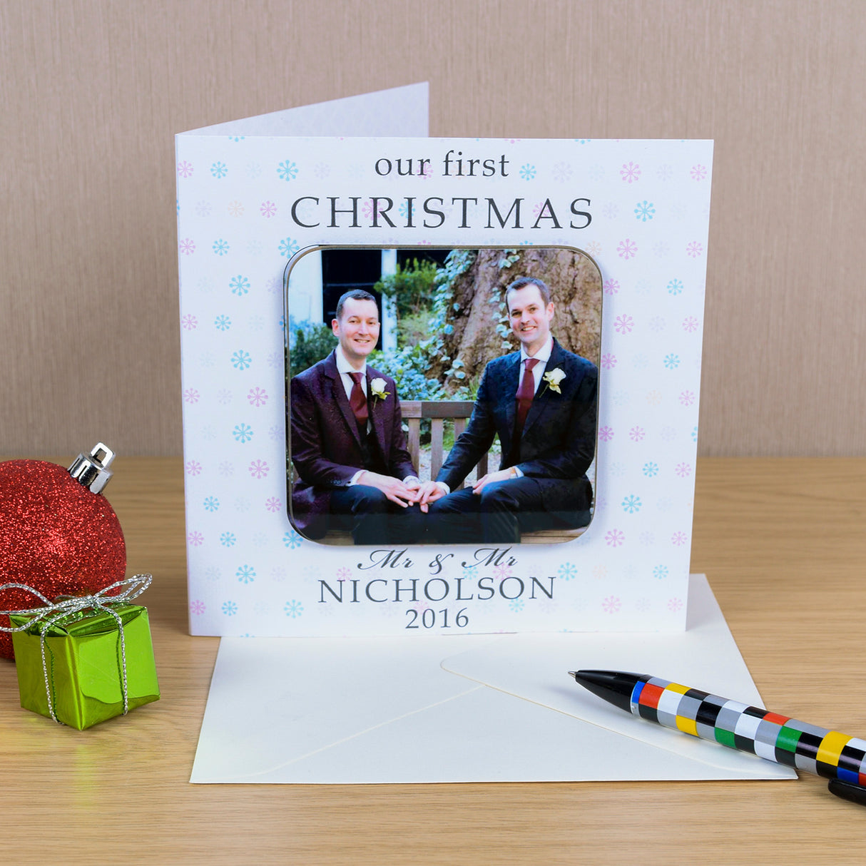 Personalised First Christmas Couples Photo Coaster Card Mr & Mr - Greeting Cards at Gift Moments