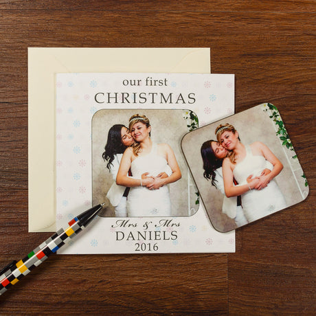 Personalised First Christmas Couples Photo Coaster Card - Greeting Cards at Gift Moments