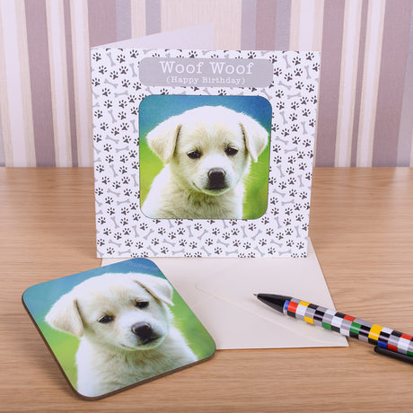 Personalised Woof Birthday Photo Coaster Card - Greeting Cards at Gift Moments