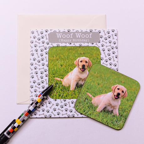 Personalised Woof Birthday Photo Coaster Card - Greeting Cards at Gift Moments