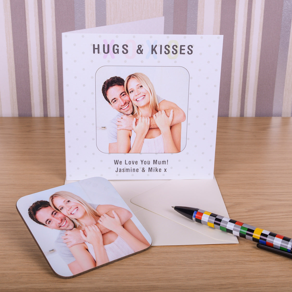 Personalised Hugs & Kisses Dot Photo Coaster Card - Greeting Cards at Gift Moments