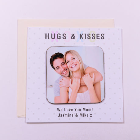 Personalised Hugs & Kisses Dot Photo Coaster Card - Greeting Cards at Gift Moments