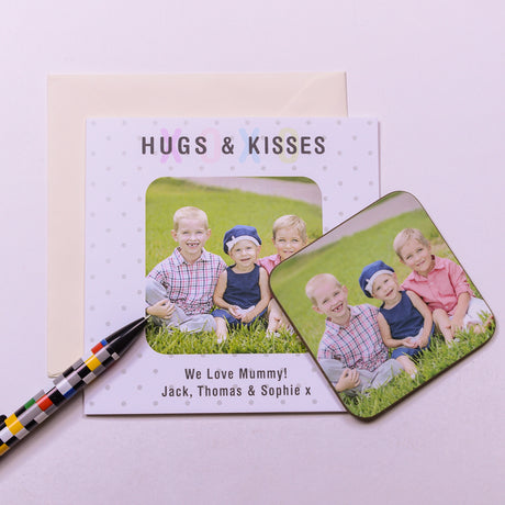 Personalised Hugs & Kisses Dot Photo Coaster Card - Greeting Cards at Gift Moments