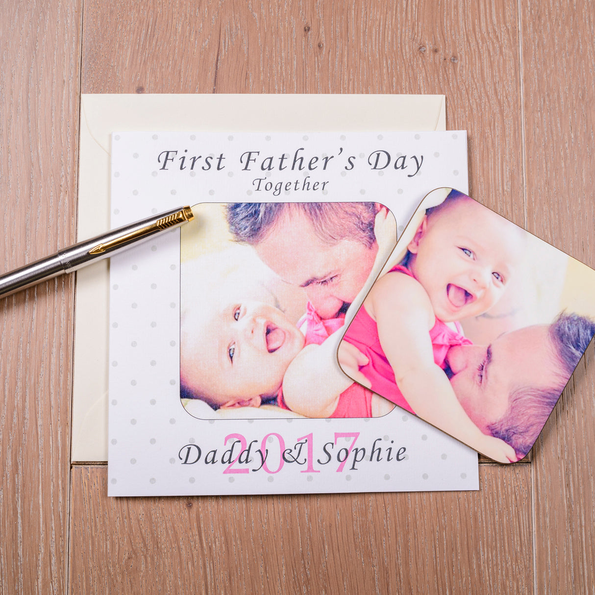 Personalised First Father's Day Together Photo Coaster Card Pink - Greeting Cards at Gift Moments