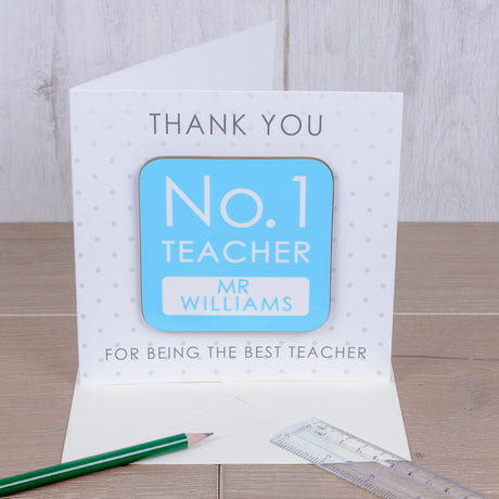 Personalised No. 1 Teacher Coaster Card Blue - Greeting Cards at Gift Moments