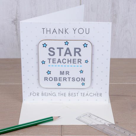 Personalised Star Teacher Coaster Card Blue - Greeting Cards at Gift Moments