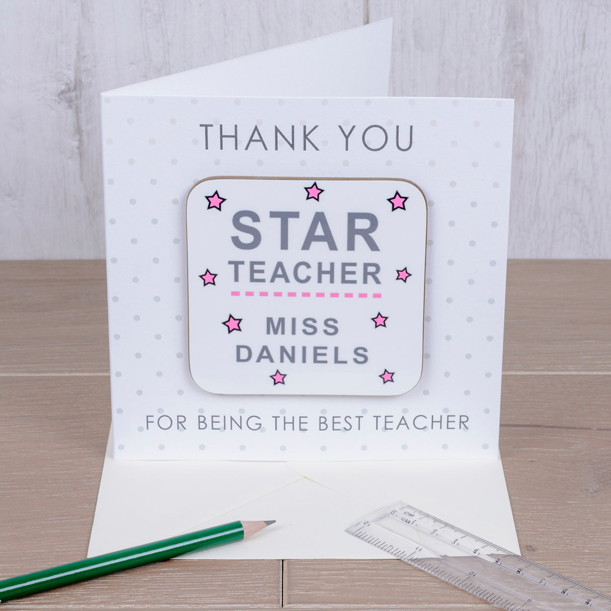 Personalised Star Teacher Coaster Card Pink - Greeting Cards at Gift Moments