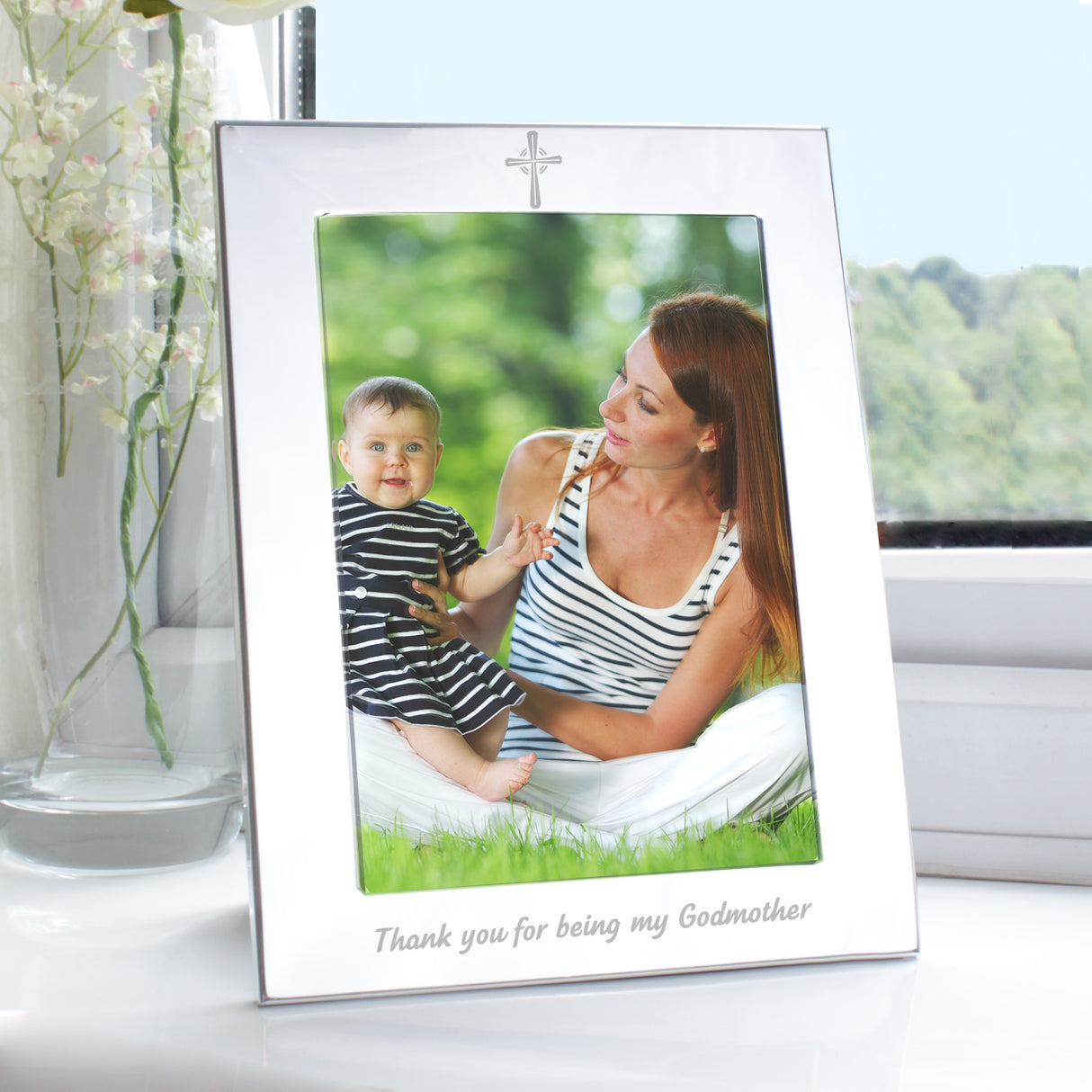 Elegant Silver 5x7 Godmother Photo Frame with Cross Motif Default Title - Photo Frames at Gift Moments