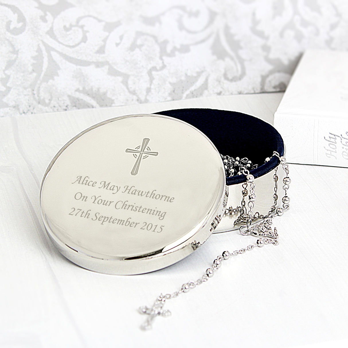 Personalised Rosary Beads and Cross Round Trinket Box Default Title - Trinket Boxes at Gift Moments