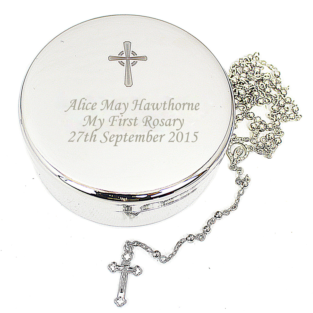 Personalised Rosary Beads and Cross Round Trinket Box - Trinket Boxes at Gift Moments