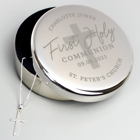 Personalised First Holy Communion Round Trinket Box & Cross Necklace Set Default Title - Jewellery at Gift Moments