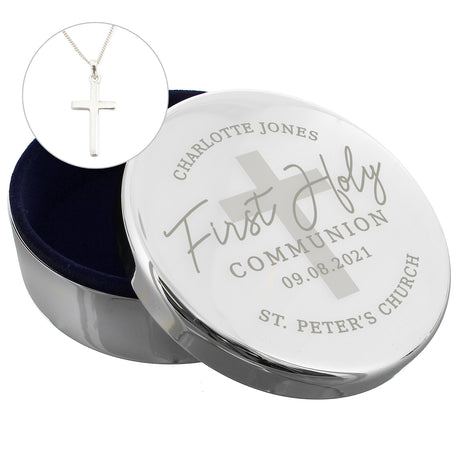 Personalised First Holy Communion Round Trinket Box & Cross Necklace Set - Jewellery at Gift Moments