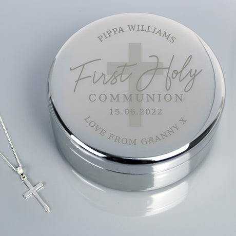 Personalised First Holy Communion Round Trinket Box & Cross Necklace Set - Jewellery at Gift Moments