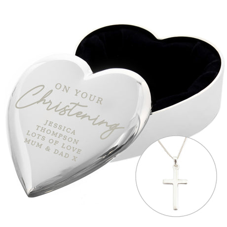 Personalised Christening Heart Trinket Box & Cross Necklace Set - Jewellery at Gift Moments