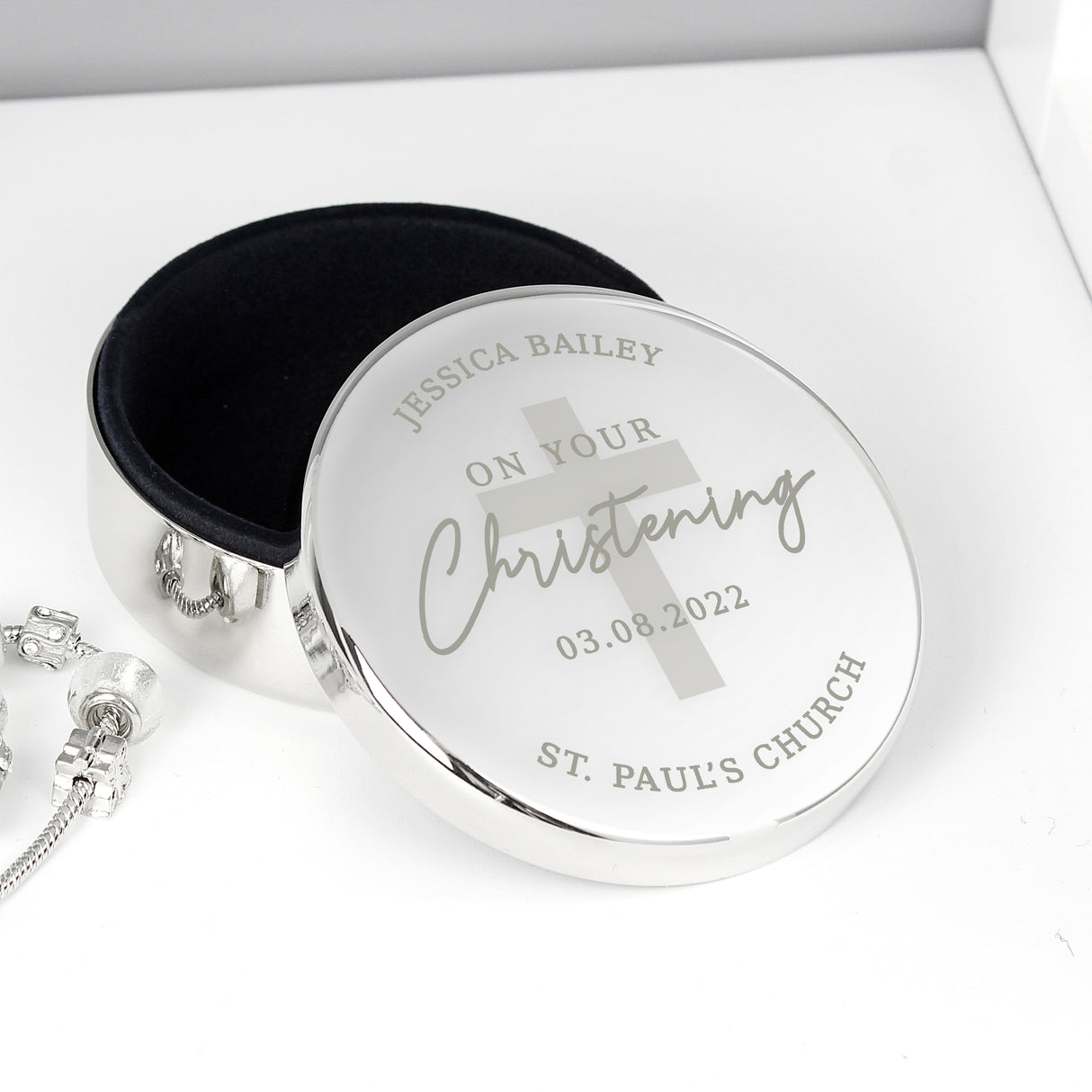 Personalised Christening Round Trinket Box - Trinket Boxes at Gift Moments