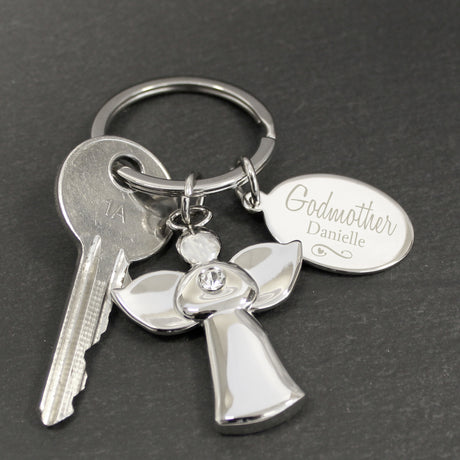 Personalised Silver Plated Swirls & Hearts Godmother Angel Keyring - Keyrings at Gift Moments