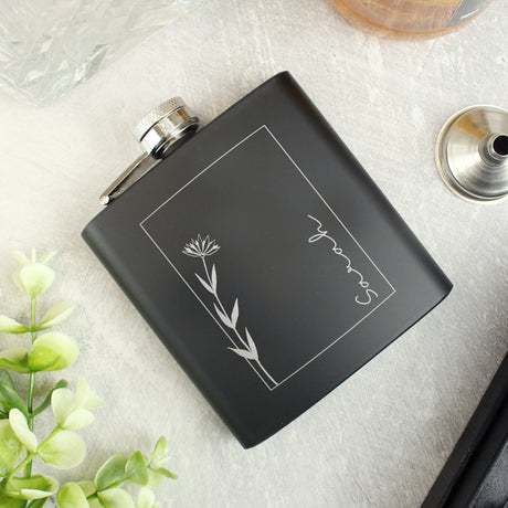 Personalised Monochrome Floral Name Black Hip Flask - Hip Flasks at Gift Moments