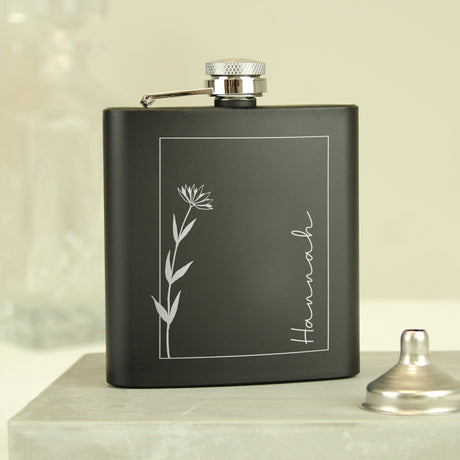 Personalised Monochrome Floral Name Black Hip Flask - Hip Flasks at Gift Moments