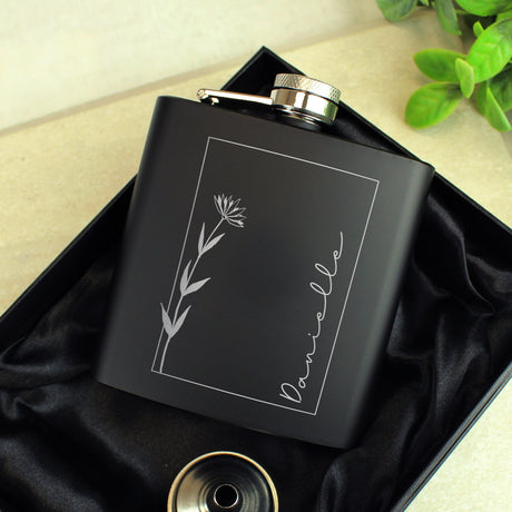 Personalised Monochrome Floral Name Black Hip Flask - Hip Flasks at Gift Moments