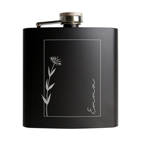 Personalised Monochrome Floral Name Black Hip Flask - Hip Flasks at Gift Moments