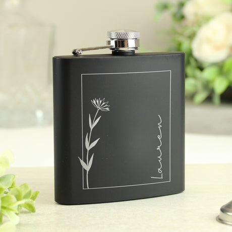 Personalised Monochrome Floral Name Black Hip Flask - Hip Flasks at Gift Moments