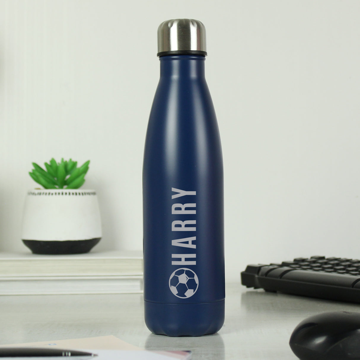 Personalised Football Navy Metal Insulated Drinks Bottle - Water Bottles at Gift Moments