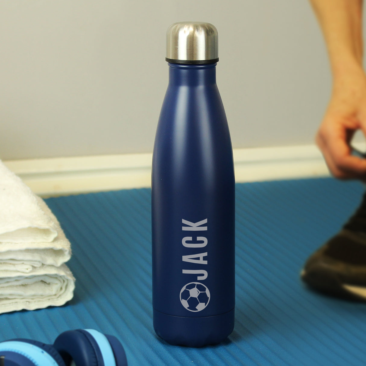 Personalised Football Navy Metal Insulated Drinks Bottle - Water Bottles at Gift Moments