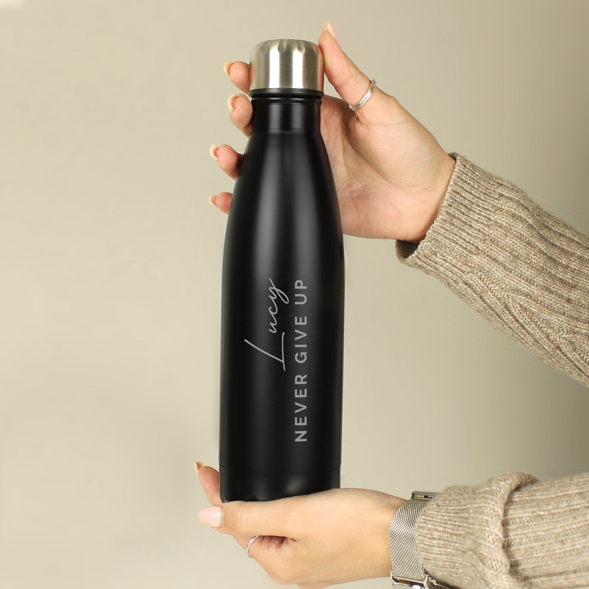 Personalised Two Lines Black Metal Insulated Drinks Bottle - Water Bottles at Gift Moments