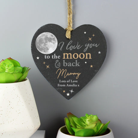 Personalised Moon and Back Slate Heart Decoration - Decorations at Gift Moments