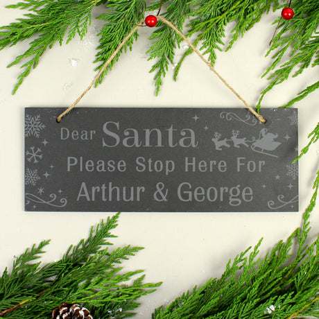 Personalised Santa Please Stop Here... Hanging Slate Sign - Signs & Plaques at Gift Moments