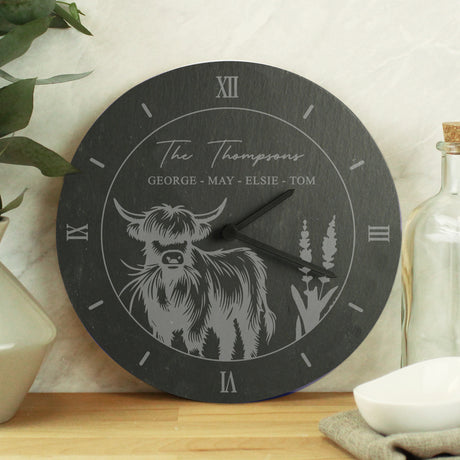 Personalised Highland Cow Slate Clock - Clocks at Gift Moments