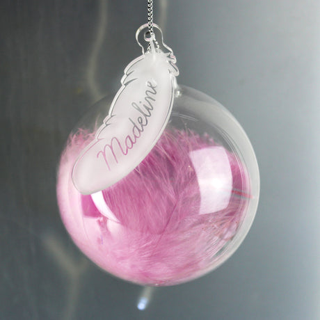 Personalised Pink Feather Glass Bauble with Feather Tag Default Title - Christmas Baubles at Gift Moments