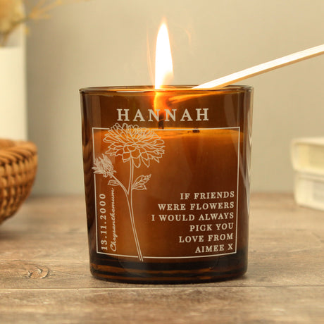 Personalised November Birth Flower Amber Glass Candle - Candles at Gift Moments