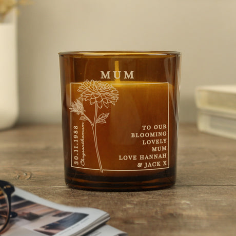 Personalised November Birth Flower Amber Glass Candle - Candles at Gift Moments