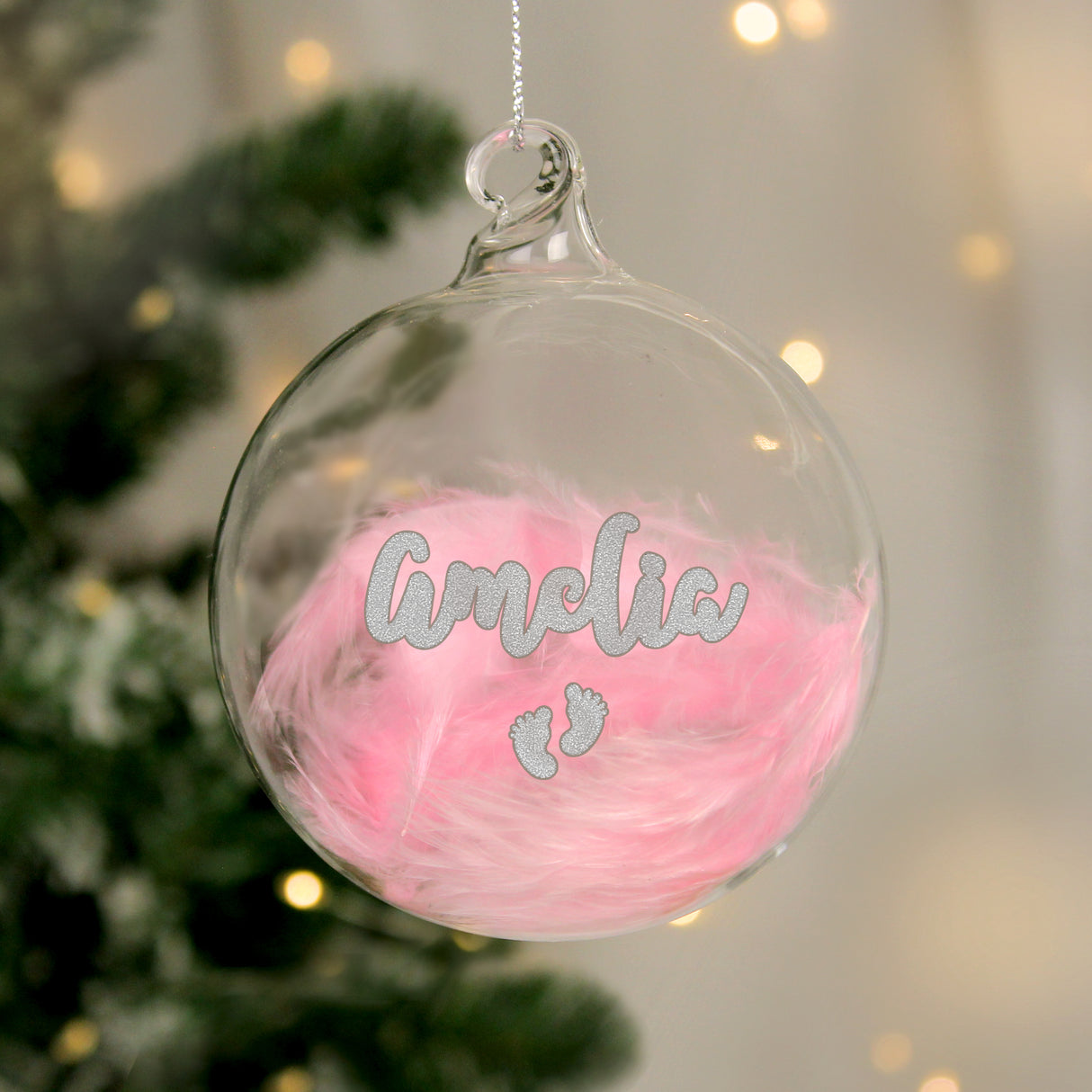 Personalised Pink Feather Glass Bauble: 6 - Christmas Baubles By Gift Moments