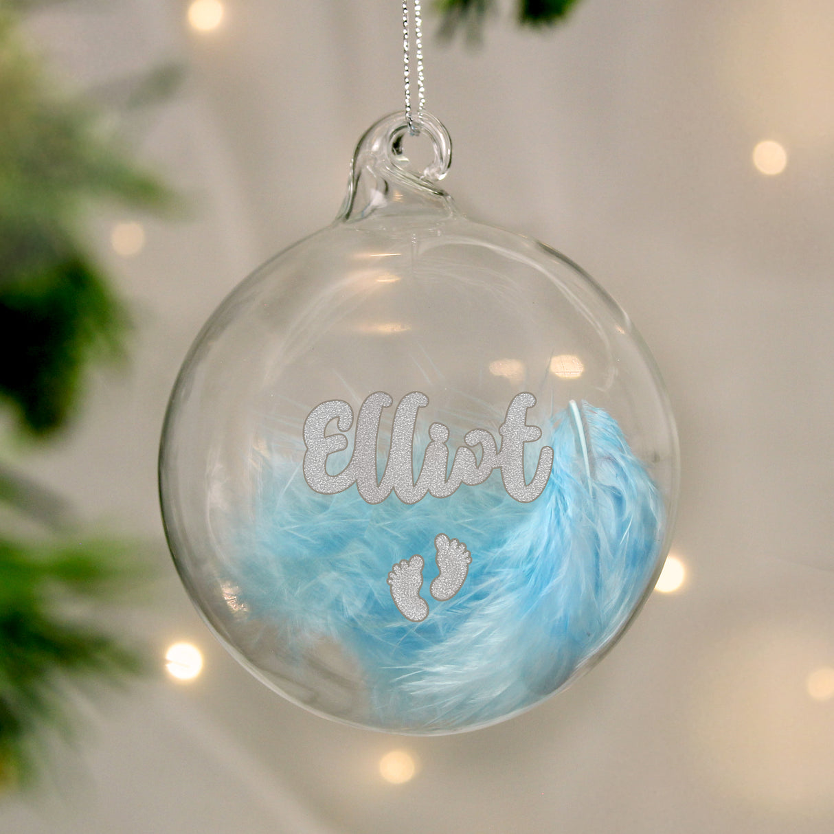 Personalised Blue Feather Silver Name Glass Bauble - Christmas Baubles at Gift Moments