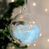 Personalised Blue Feather Silver Name Glass Bauble - Christmas Baubles at Gift Moments