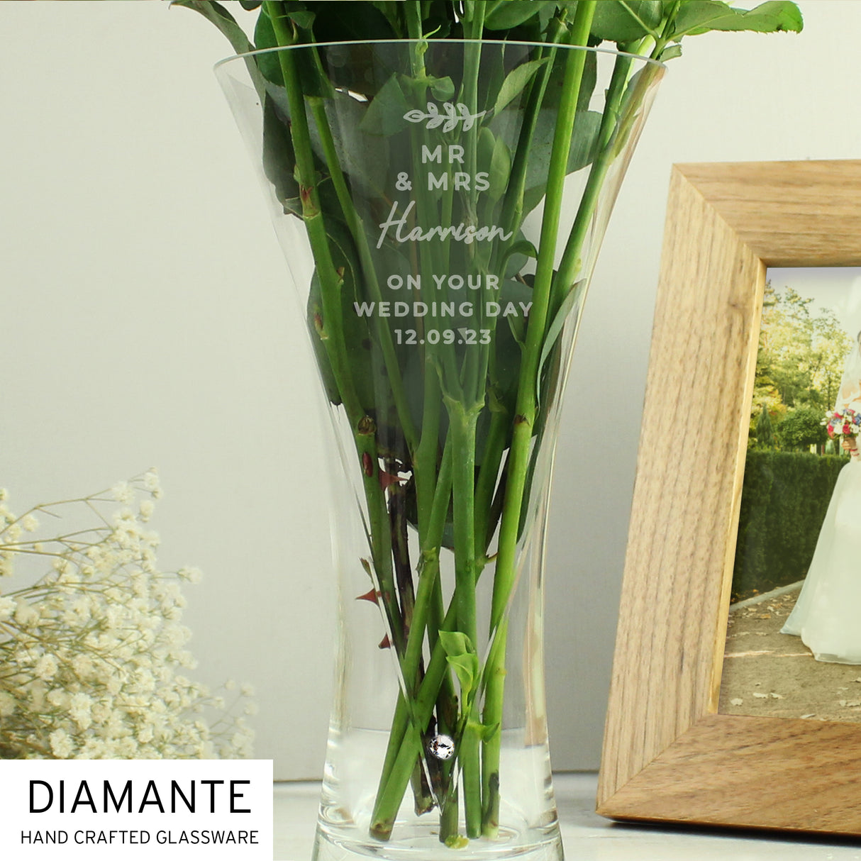 Personalised Free Text Botanical Hand Cut Diamante Heart Vase - Vases at Gift Moments