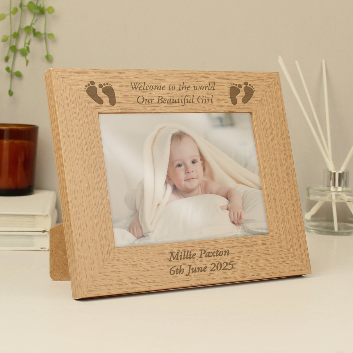 Personalised Baby Feet 5x7 Landscape Oak Finish Photo Frame - Photo Frames at Gift Moments