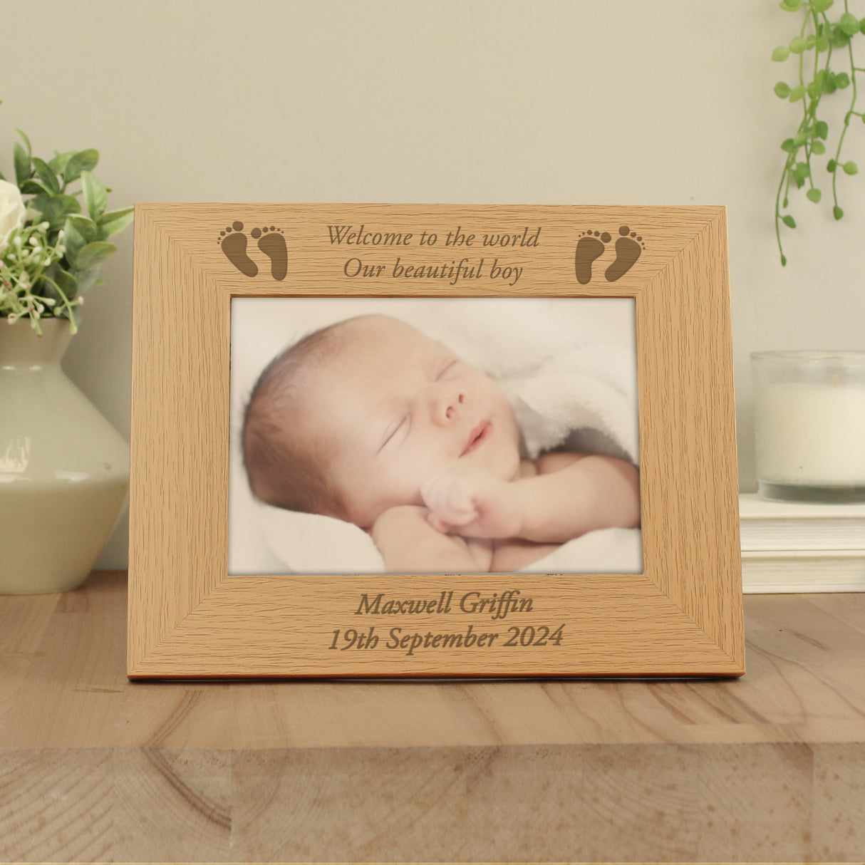 Personalised Baby Feet 5x7 Landscape Oak Finish Photo Frame - Photo Frames at Gift Moments