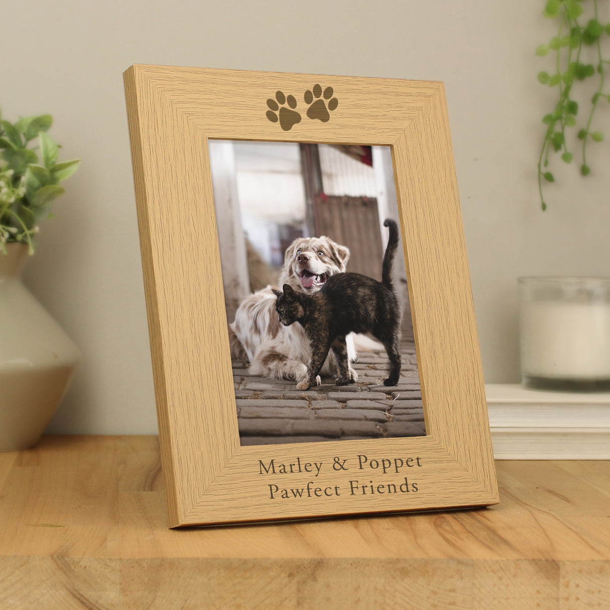 Personalised Paw Prints 5x7 Oak Finish Photo Frame - Photo Frames at Gift Moments